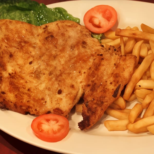 Don Pollo's Peruvian fried chicken with french fries, lettuce, and tomato slices on a white plate.