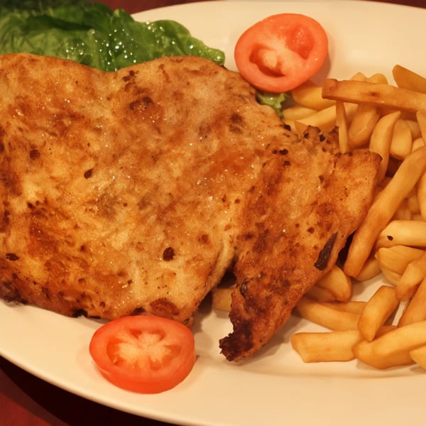 Don Pollo's fried chicken with a side of golden french fries, lettuce, and tomato slices.