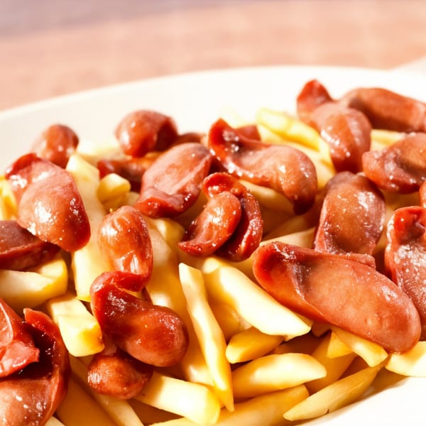 Close-up of Salchipapa, a Peruvian dish with sliced fried hot dogs and french fries.