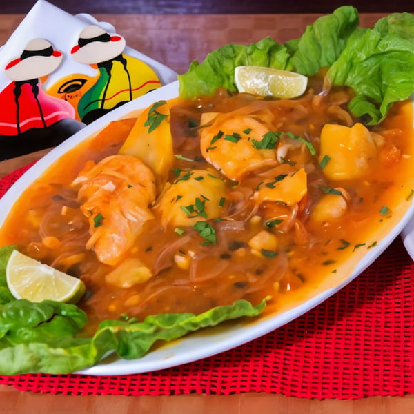 Peruvian fish stew with potatoes, onions, and cilantro, garnished with lettuce and lime wedges.