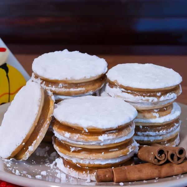 Peruvian alfajores, dulce de leche cookies dusted with powdered sugar, and cinnamon sticks on a plate.