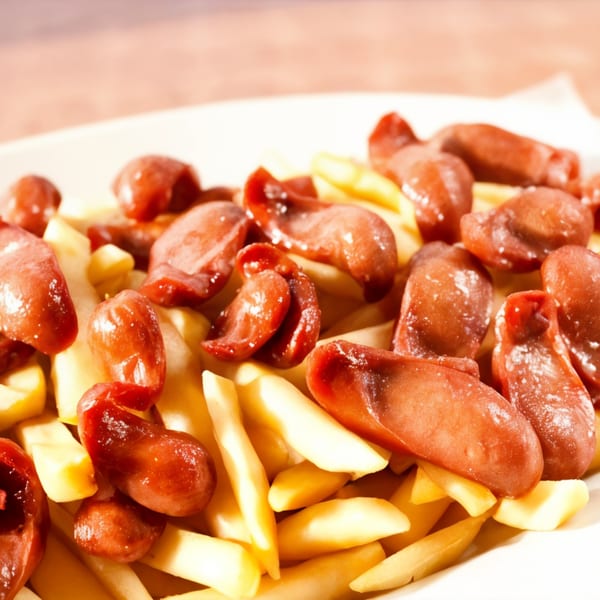 Close-up of Salchipapa, a Peruvian dish with sliced hot dogs and french fries on a white plate.